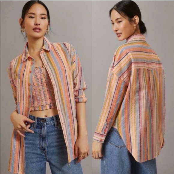 Anthropologie Tops - Anthropologie Pilcro long sleeve boyfriend striped shirt & smoked top set